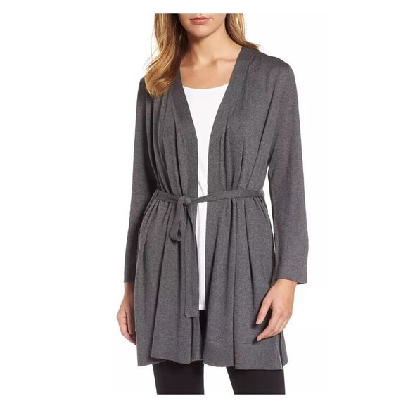 EILEEN FISHER Belted Gray Open Cardigan Tencel Organic Cotton Silk Slits - Picture 1 of 8